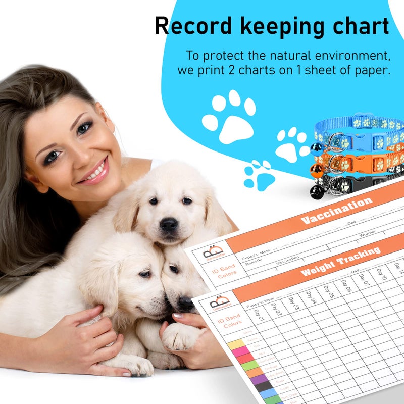 GAMUDA Puppy Collars, Super Soft Nylon Adjustable Whelping ID Bands, Footprint Pattern Litter Set with 2 Record Keeping Charts, 12 Pack (S) - Image 5